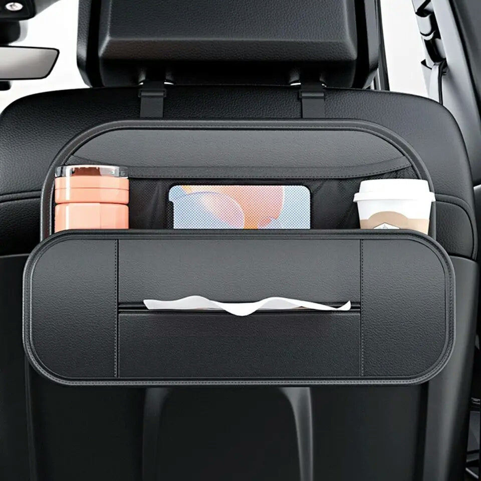 Car Backseat Organizer, Hanging PU Leather Car Seat Storage Box, Tissue Box and Cup Holder